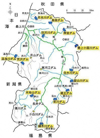 山形県内のダム一覧図